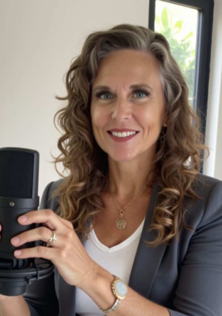 Elizabeth Sherman, midlife health coach, recording the Total Health in Midlife podcast